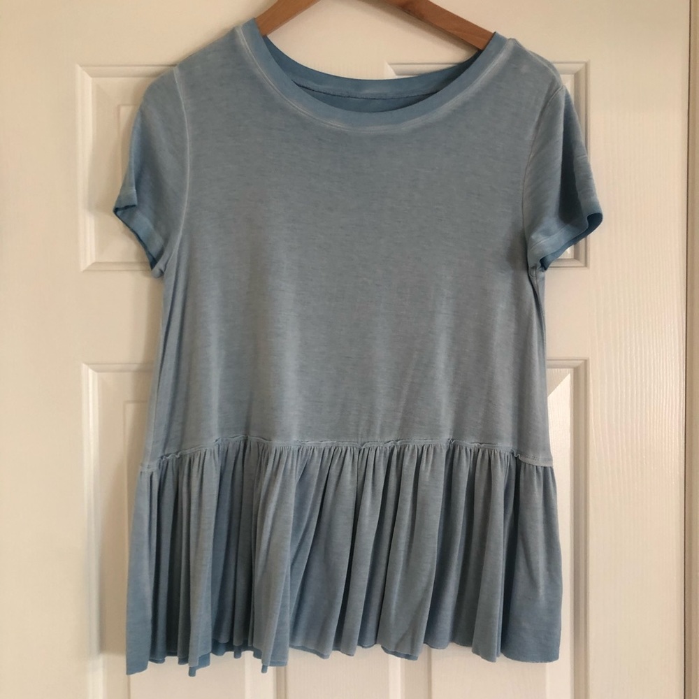 Soft Ruffled Rough Hemmed Swing Top - Light Blue